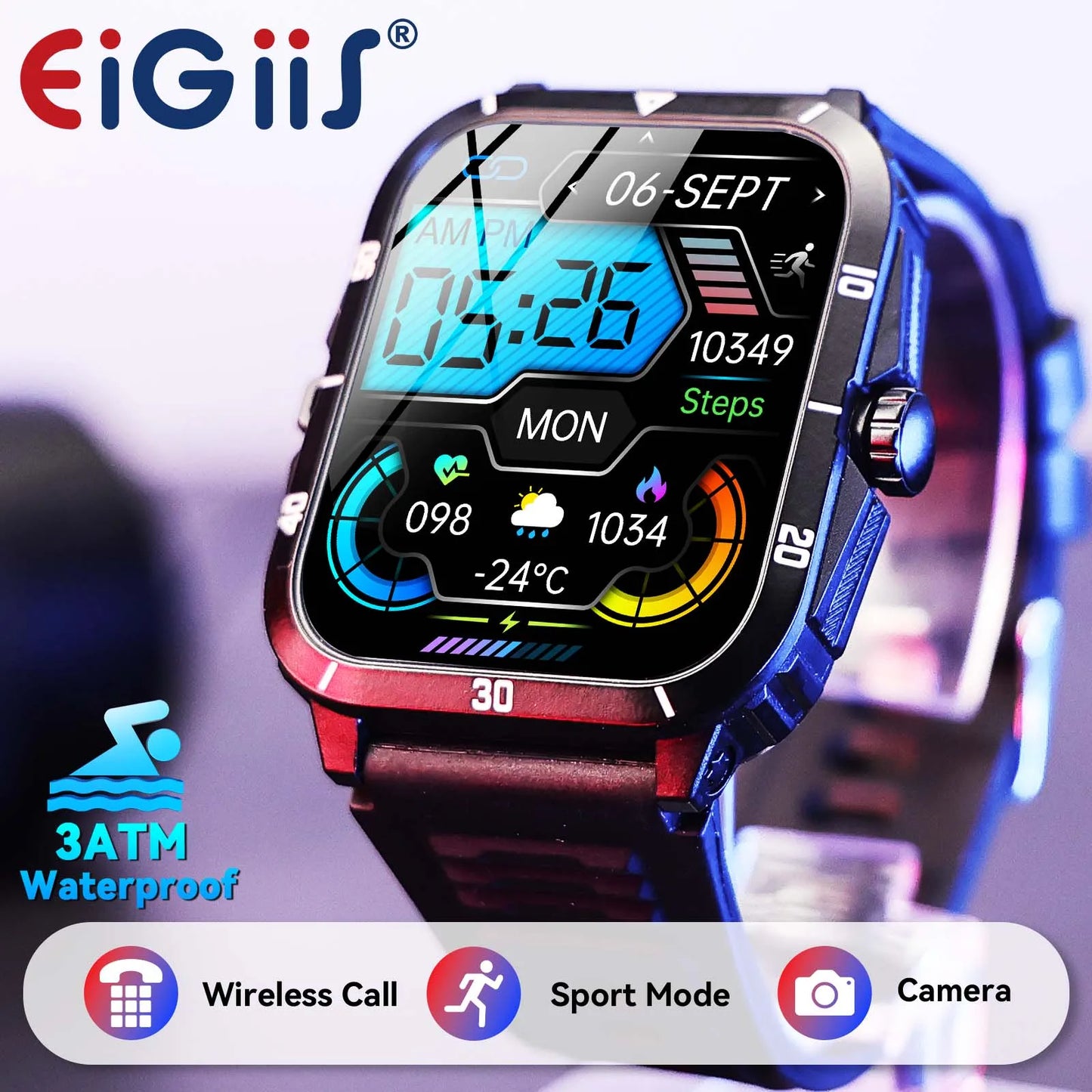 EIGIIS Smart Watch 3ATM Waterproof 1.96" IPS Screen